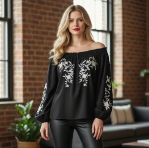Karen Kane Black On/ Off-Shoulder Silk Top with White Floral Embroidery Size M